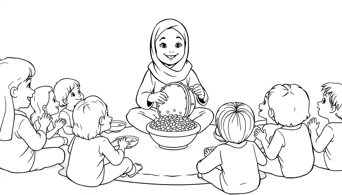 Kleurplaat van een meisje met een hoofddoek die in een klas zit en een schaal met Marokkaans eten deelt terwijl kinderen om haar heen zitten.