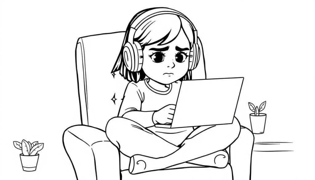 Een kleurplaat van een meisje dat met een koptelefoon op een laptop kijkt, terwijl ze ongemakkelijk lijkt tijdens het chatten. Naast haar staan twee kleine plantjes.