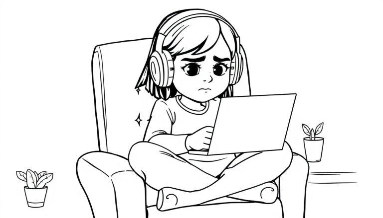 Een kleurplaat van een meisje dat met een koptelefoon op een laptop kijkt, terwijl ze ongemakkelijk lijkt tijdens het chatten. Naast haar staan twee kleine plantjes.