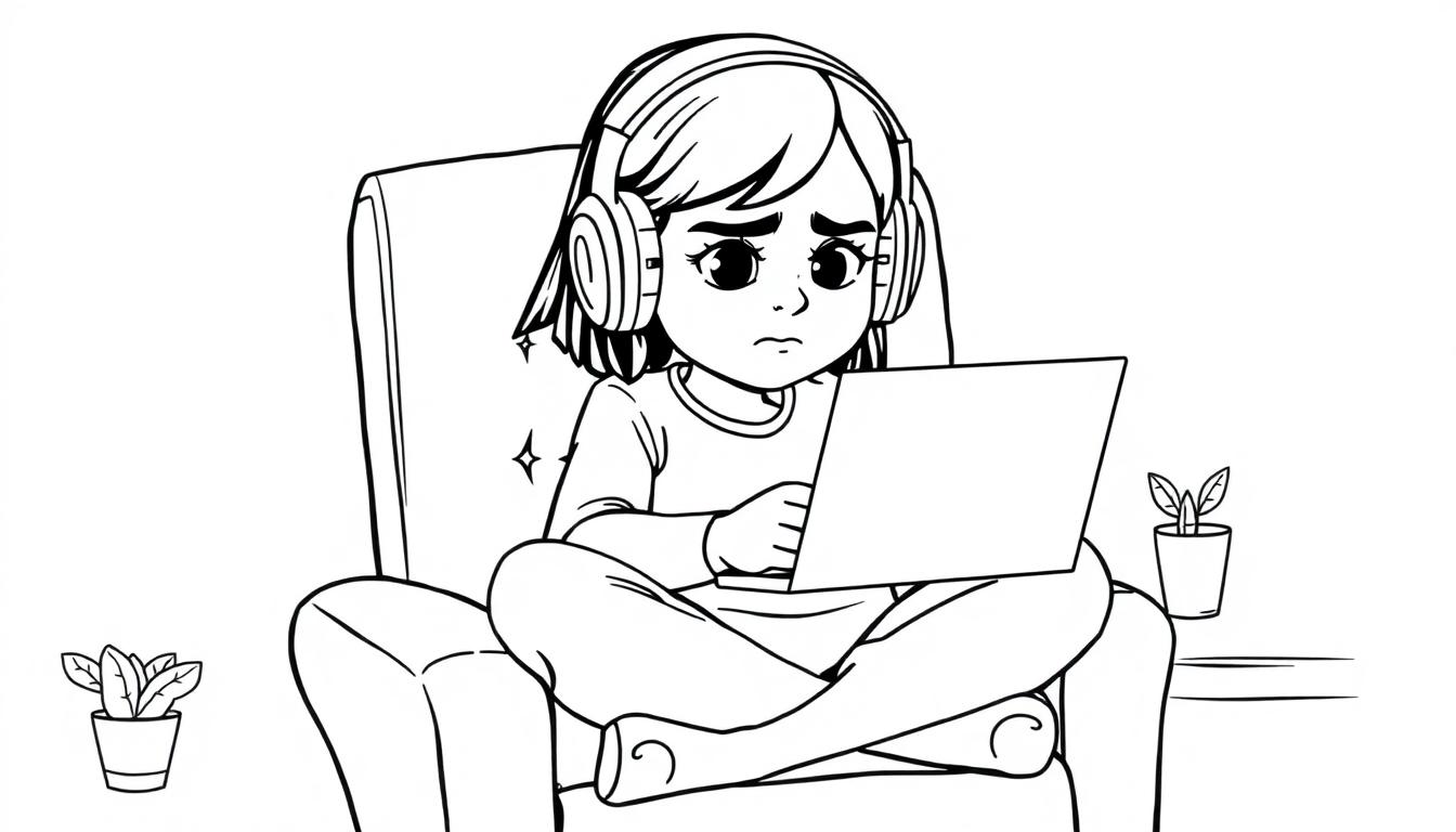 Een kleurplaat van een meisje dat met een koptelefoon op een laptop kijkt, terwijl ze ongemakkelijk lijkt tijdens het chatten. Naast haar staan twee kleine plantjes.