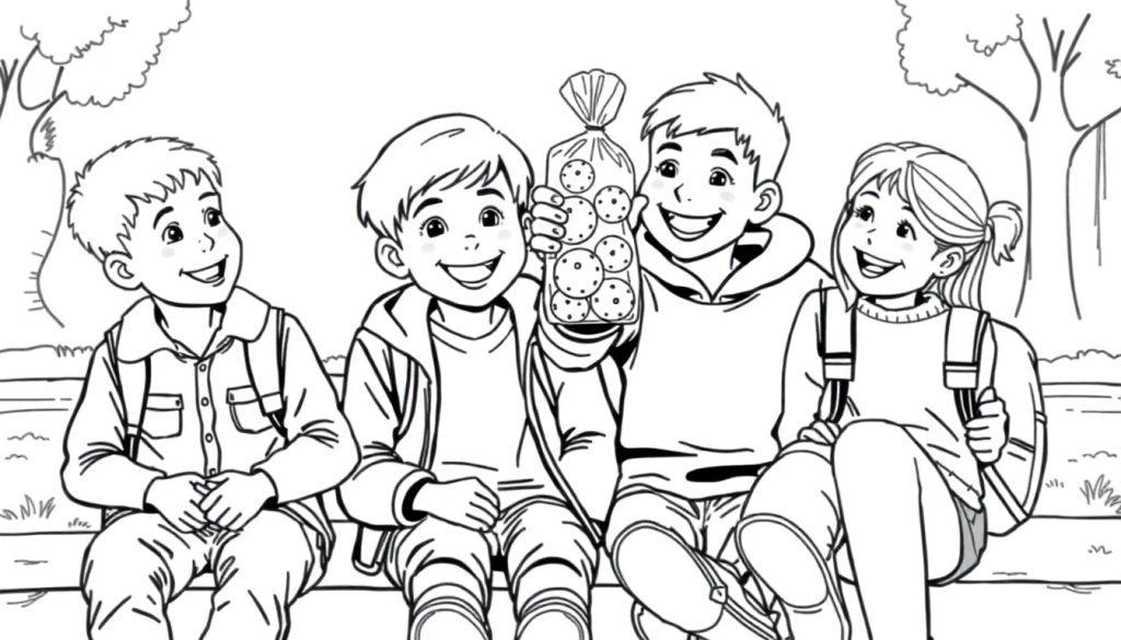 Zwart-wit kleurplaat van drie vrienden, twee jongens en een meisje, die op een schoolplein zitten. Een jongen houdt een plastic zak met koekjes omhoog.