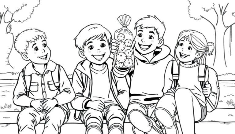 Zwart-wit kleurplaat van drie vrienden, twee jongens en een meisje, die op een schoolplein zitten. Een jongen houdt een plastic zak met koekjes omhoog.