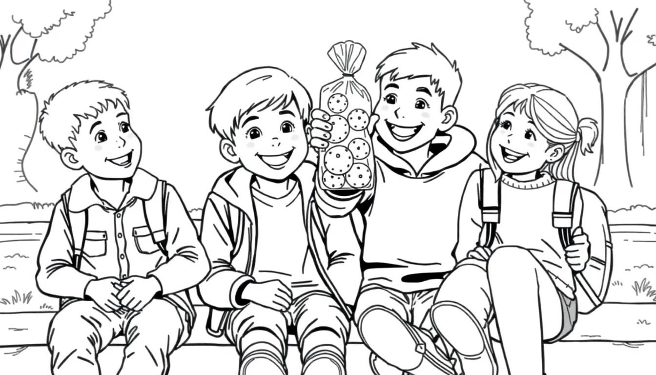 Zwart-wit kleurplaat van drie vrienden, twee jongens en een meisje, die op een schoolplein zitten. Een jongen houdt een plastic zak met koekjes omhoog.