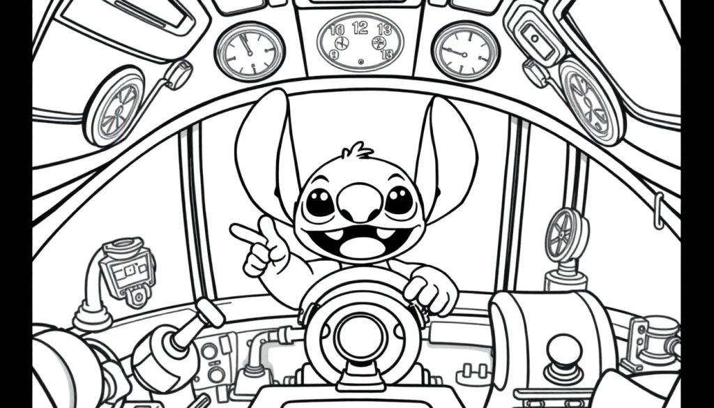 Schattige kleurplaat van Stitch in een ruimteschip met meters en instrumenten.