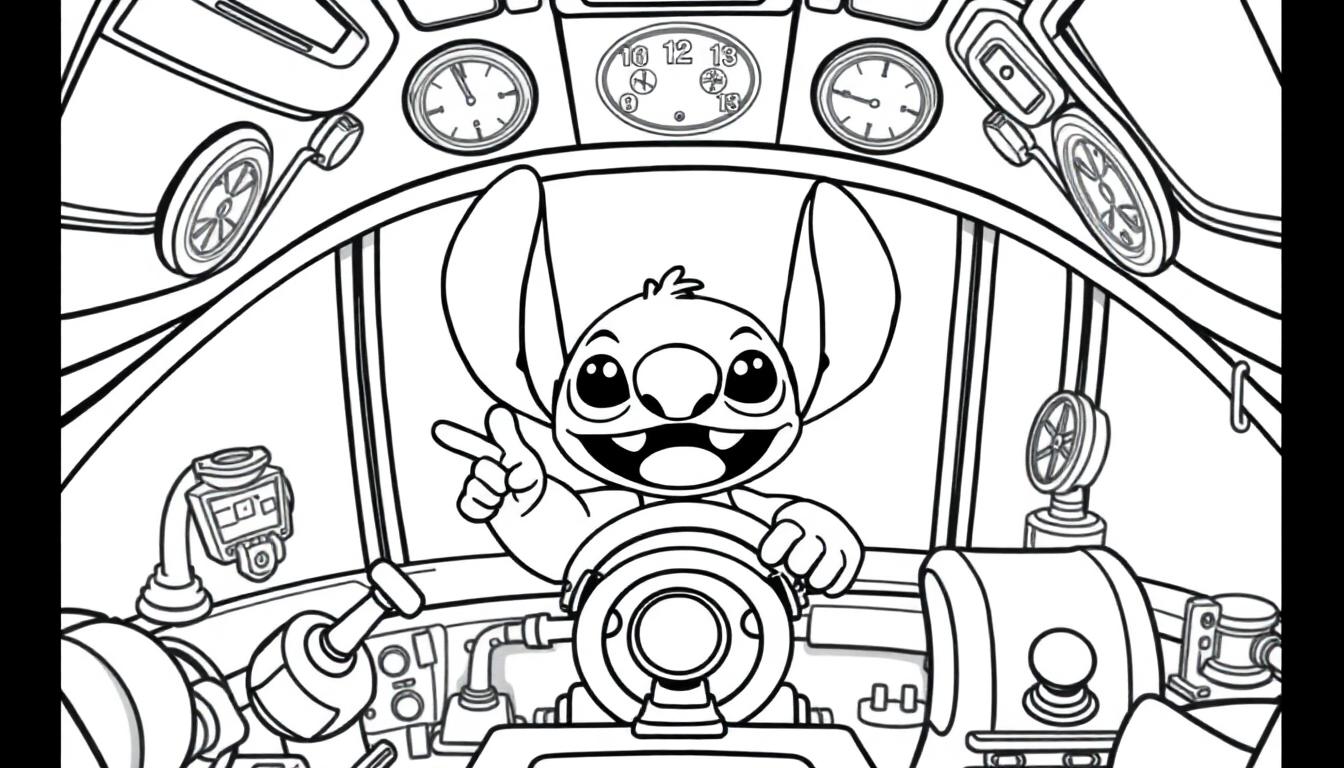 Schattige kleurplaat van Stitch in een ruimteschip met meters en instrumenten.