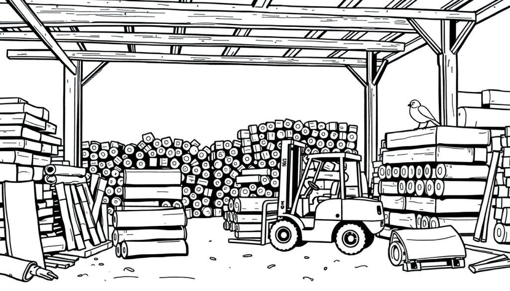 Lijntekening kleurplaat van een grote loods met stapels hout, een heftruck en een vogel op een houtstapel.