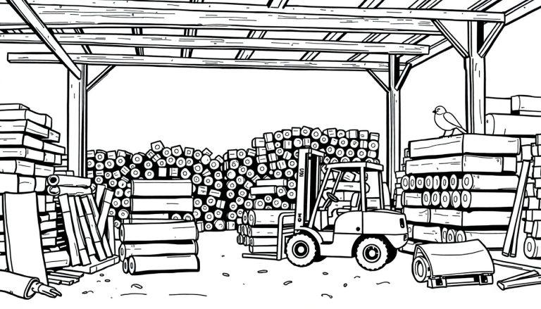 Lijntekening kleurplaat van een grote loods met stapels hout, een heftruck en een vogel op een houtstapel.