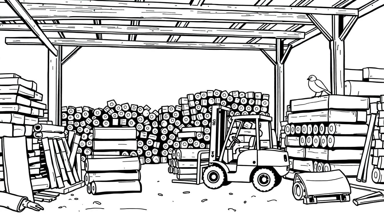 Lijntekening kleurplaat van een grote loods met stapels hout, een heftruck en een vogel op een houtstapel.