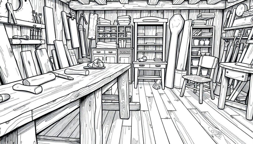 Kleurplaat van een houtwerkplaats met werkbanken, gereedschap en houten planken.