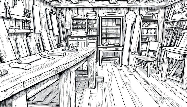 Kleurplaat van een houtwerkplaats met werkbanken, gereedschap en houten planken.