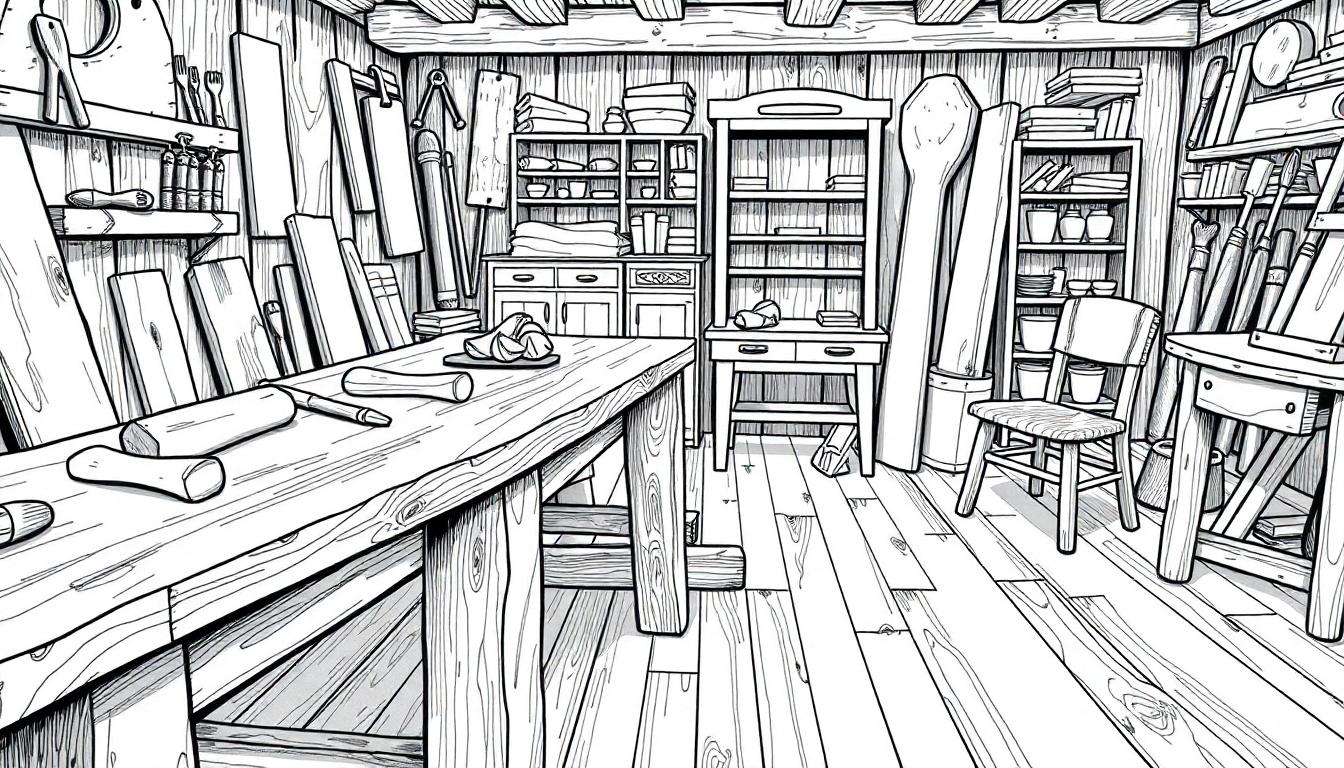 Kleurplaat van een houtwerkplaats met werkbanken, gereedschap en houten planken.