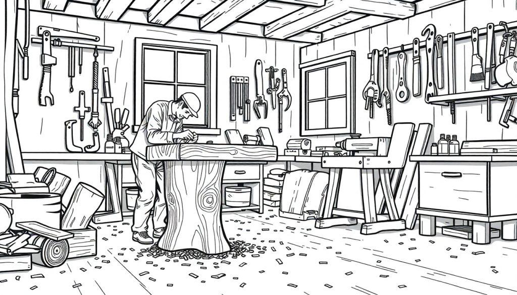 Zwart-wit kleurplaat van een timmerwerkplaats, met een houtbewerker die een houten tafelblad bewerkt en gereedschap aan de muur.