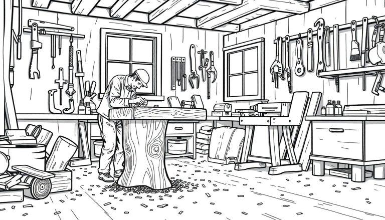 Zwart-wit kleurplaat van een timmerwerkplaats, met een houtbewerker die een houten tafelblad bewerkt en gereedschap aan de muur.