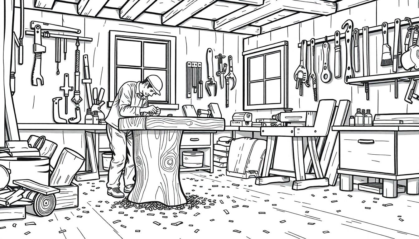 Zwart-wit kleurplaat van een timmerwerkplaats, met een houtbewerker die een houten tafelblad bewerkt en gereedschap aan de muur.