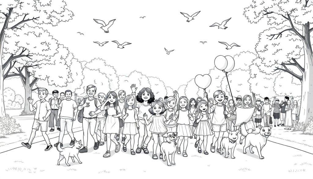 Kleurplaat van een vrolijke avondvierdaagse in een park met mensen, kinderen, honden en ballonnen.