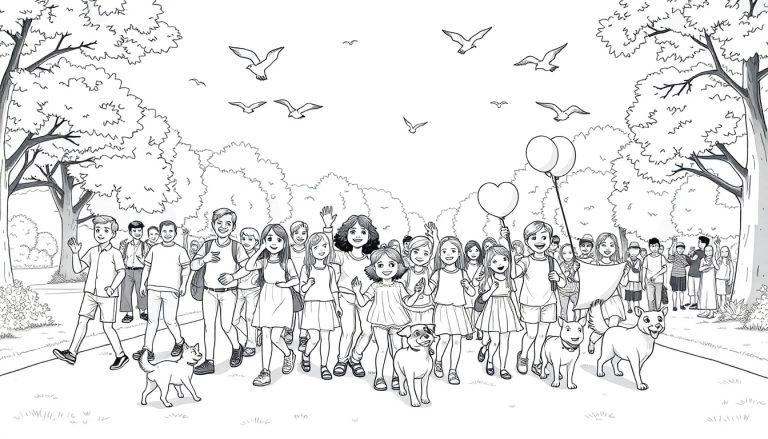 Kleurplaat van een vrolijke avondvierdaagse in een park met mensen, kinderen, honden en ballonnen.