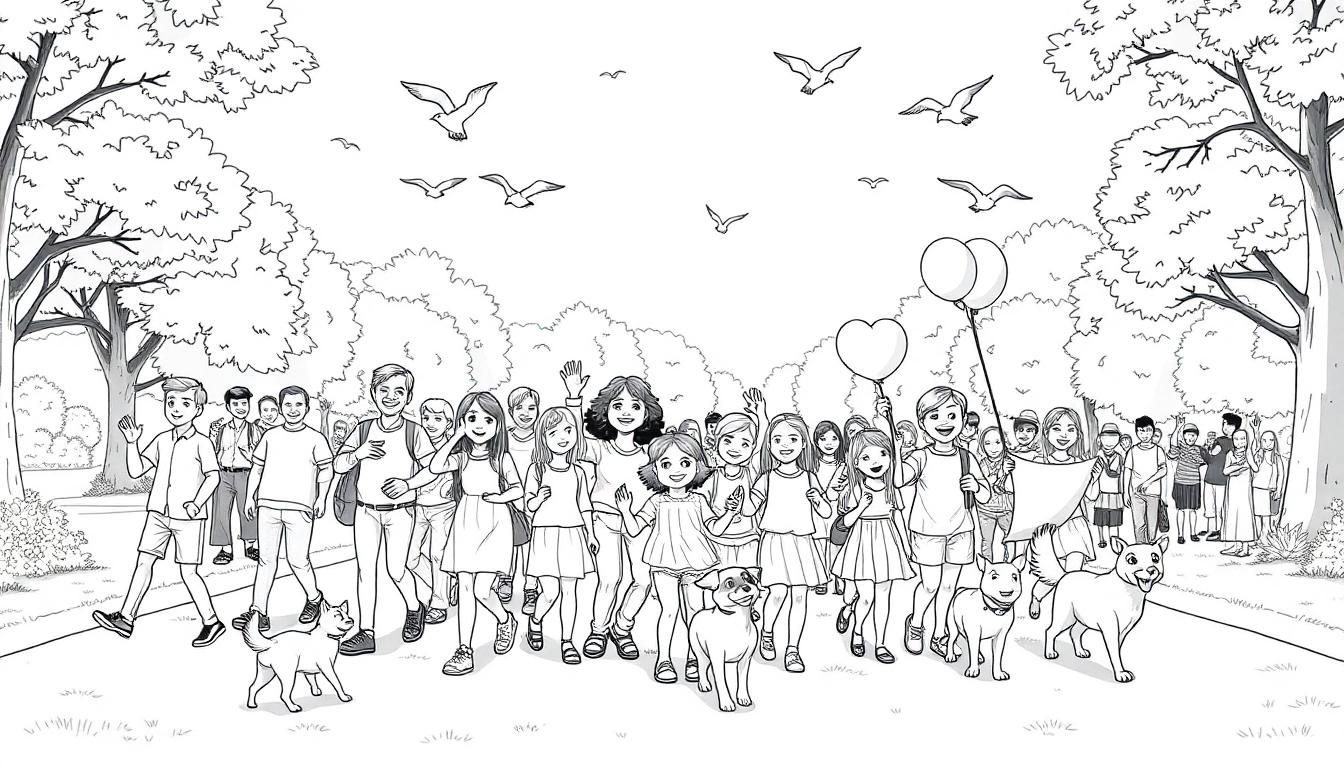 Kleurplaat van een vrolijke avondvierdaagse in een park met mensen, kinderen, honden en ballonnen.