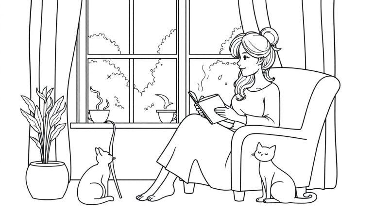 Een kleurplaat van een vrouw die een boek leest bij het raam, met twee katten en een rustige sfeer.