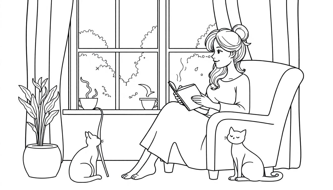 Een kleurplaat van een vrouw die een boek leest bij het raam, met twee katten en een rustige sfeer.