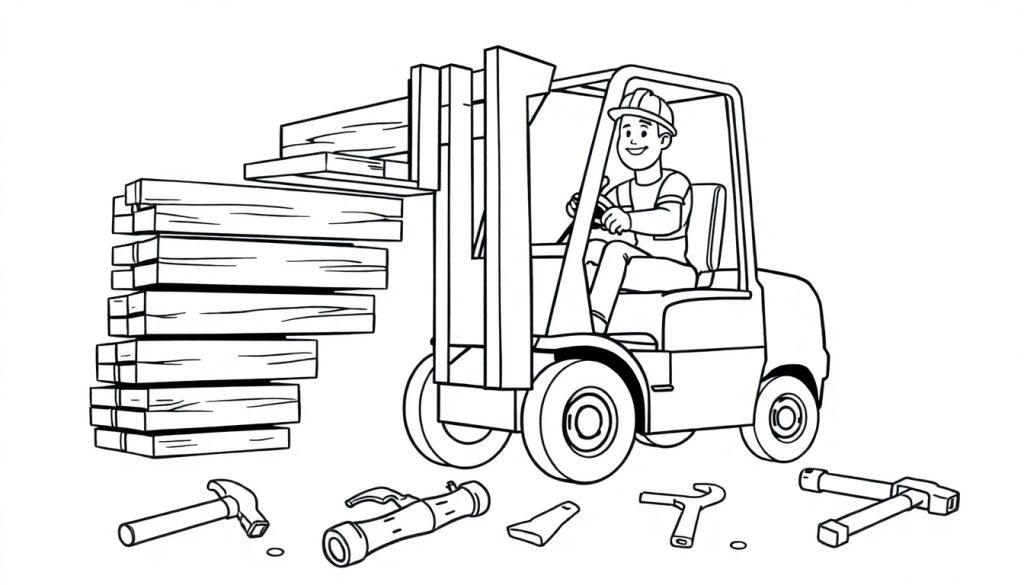 Kleurplaat van een heftruck die planken optilt met een lachende bestuurder en gereedschap op de grond.
