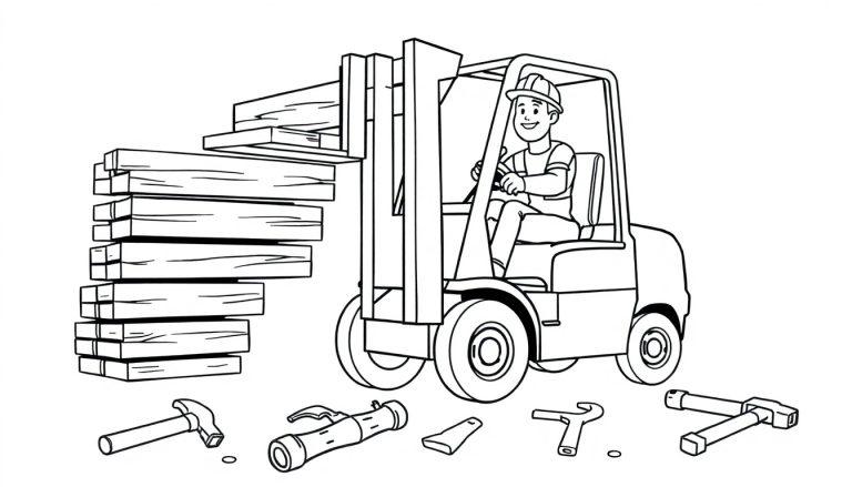 Kleurplaat van een heftruck die planken optilt met een lachende bestuurder en gereedschap op de grond.