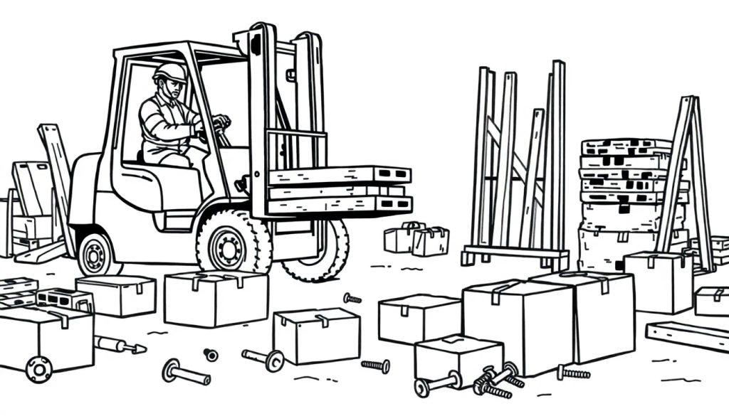 Kleurplaat van een heftruck in een magazijn met houten planken en verspreid gereedschap.