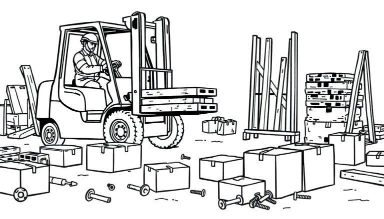 Kleurplaat van een heftruck in een magazijn met houten planken en verspreid gereedschap.