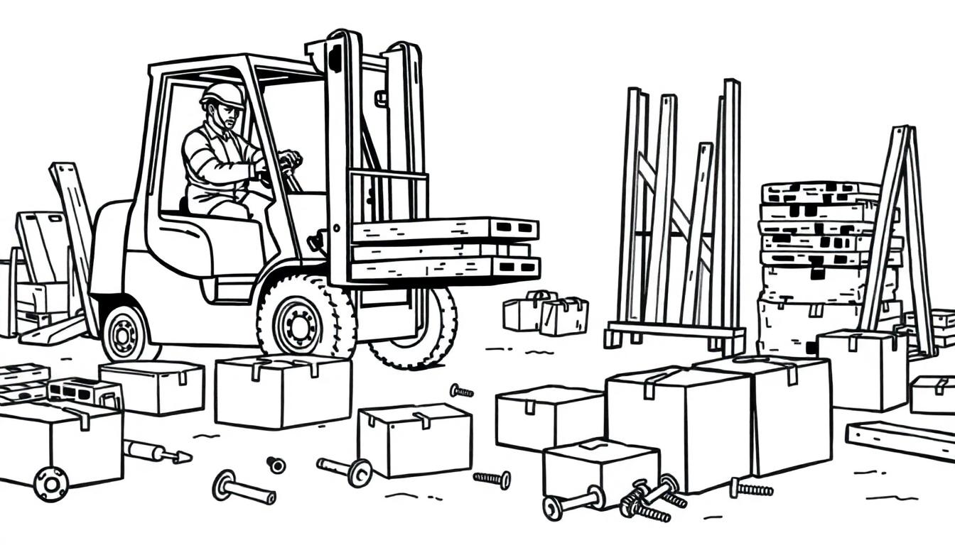 Kleurplaat van een heftruck in een magazijn met houten planken en verspreid gereedschap.