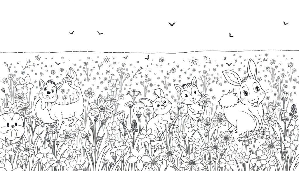 Zwart-wit kleurplaat van een vrolijk bloemenveld met konijnen, andere kleine dieren en vogels in de lucht.