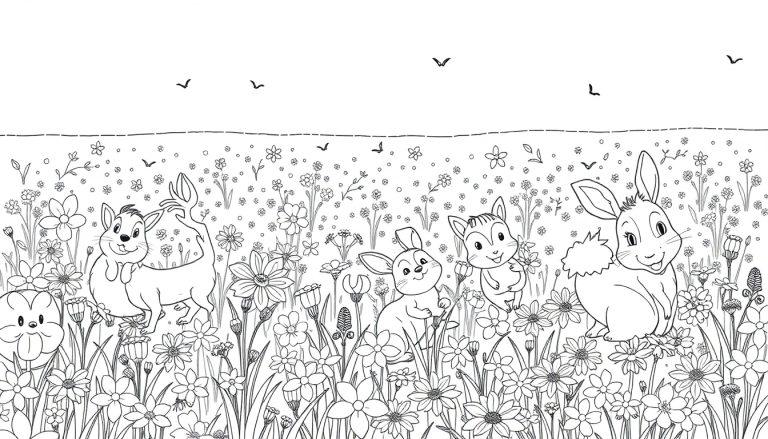 Zwart-wit kleurplaat van een vrolijk bloemenveld met konijnen, andere kleine dieren en vogels in de lucht.