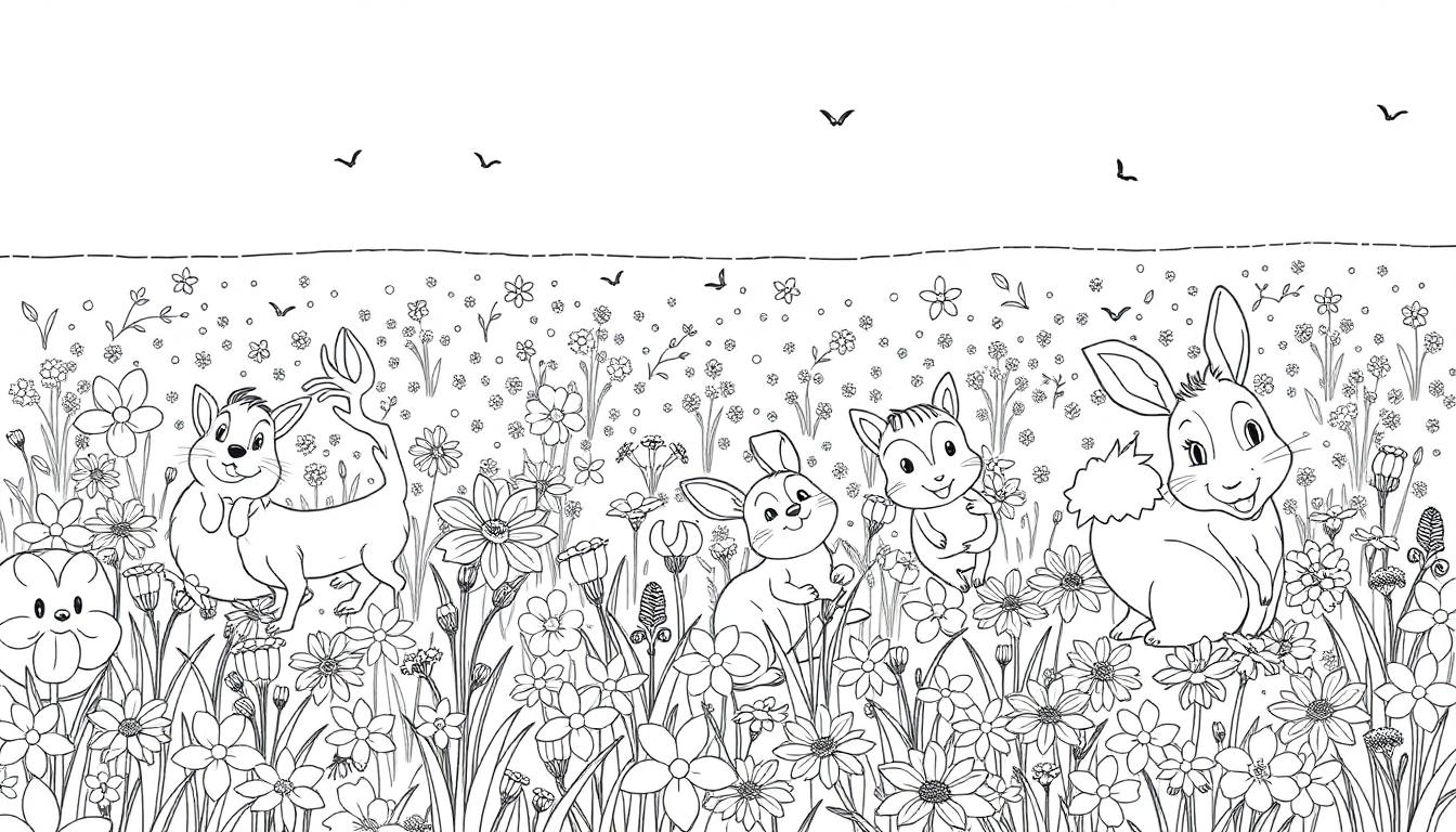 Zwart-wit kleurplaat van een vrolijk bloemenveld met konijnen, andere kleine dieren en vogels in de lucht.