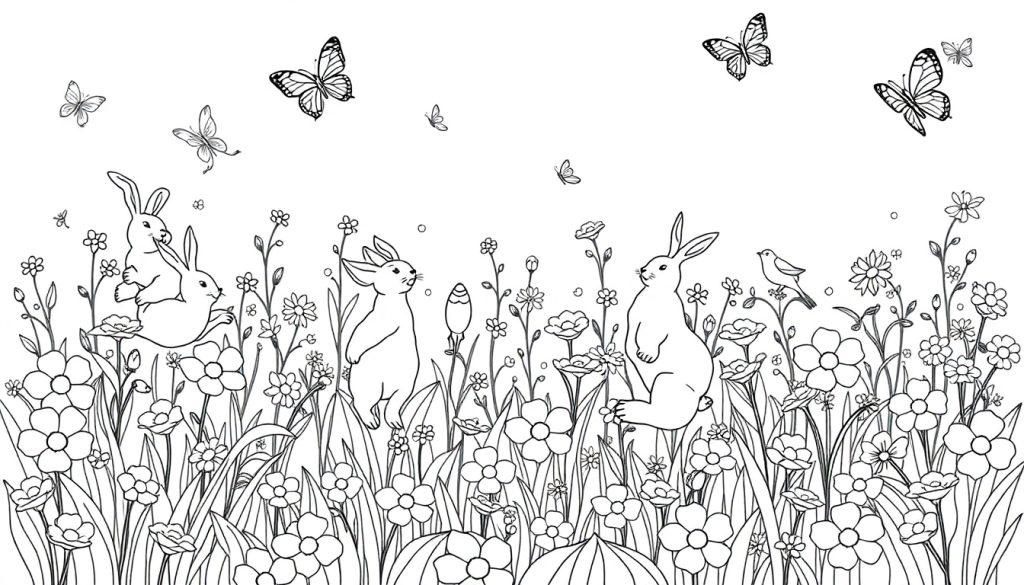 Een vrolijke zwart-wit kleurplaat van een bloemenveld vol speelse dieren zoals konijnen, vlinders en vogels.