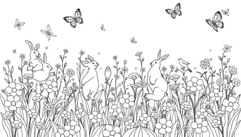 Een vrolijke zwart-wit kleurplaat van een bloemenveld vol speelse dieren zoals konijnen, vlinders en vogels.