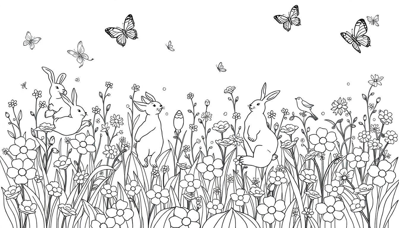 Een vrolijke zwart-wit kleurplaat van een bloemenveld vol speelse dieren zoals konijnen, vlinders en vogels.