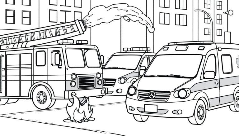 Kleurplaat van een brandweerwagen, ambulance en politieauto in een stedelijke scène.