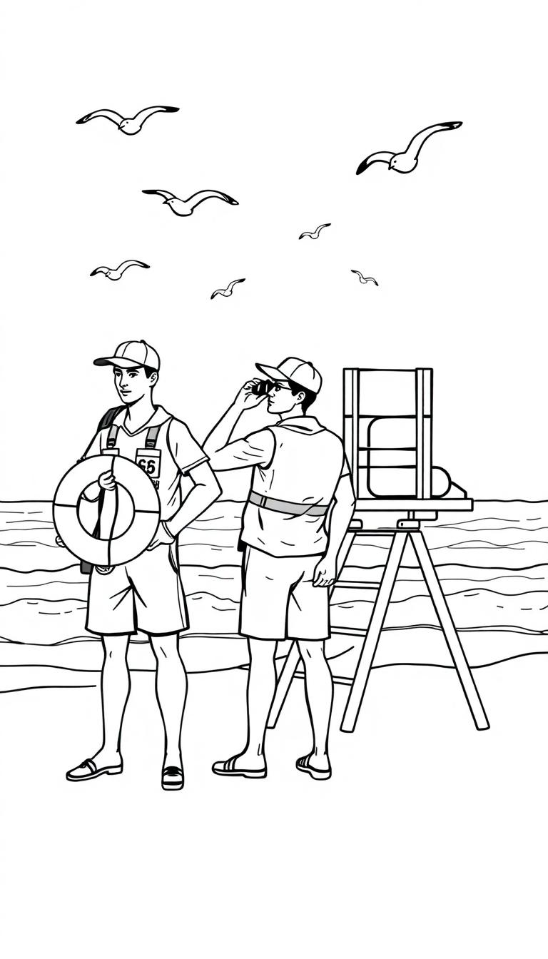 Kleurplaat van twee strandwachten in zwart-wit. Links staat iemand met een reddingsboei en rechts iemand met een verrekijker bij een strandwachtenstoel, met meeuwen en de zee op de achtergrond.