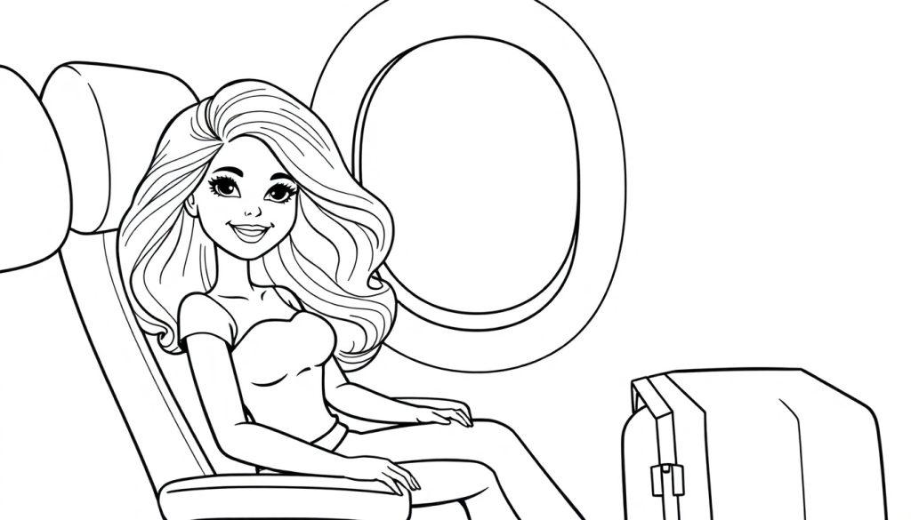 Kleurplaat van Barbie die in een vliegtuigstoel zit naast een raam met een glimlach en haar handbagage voor haar.