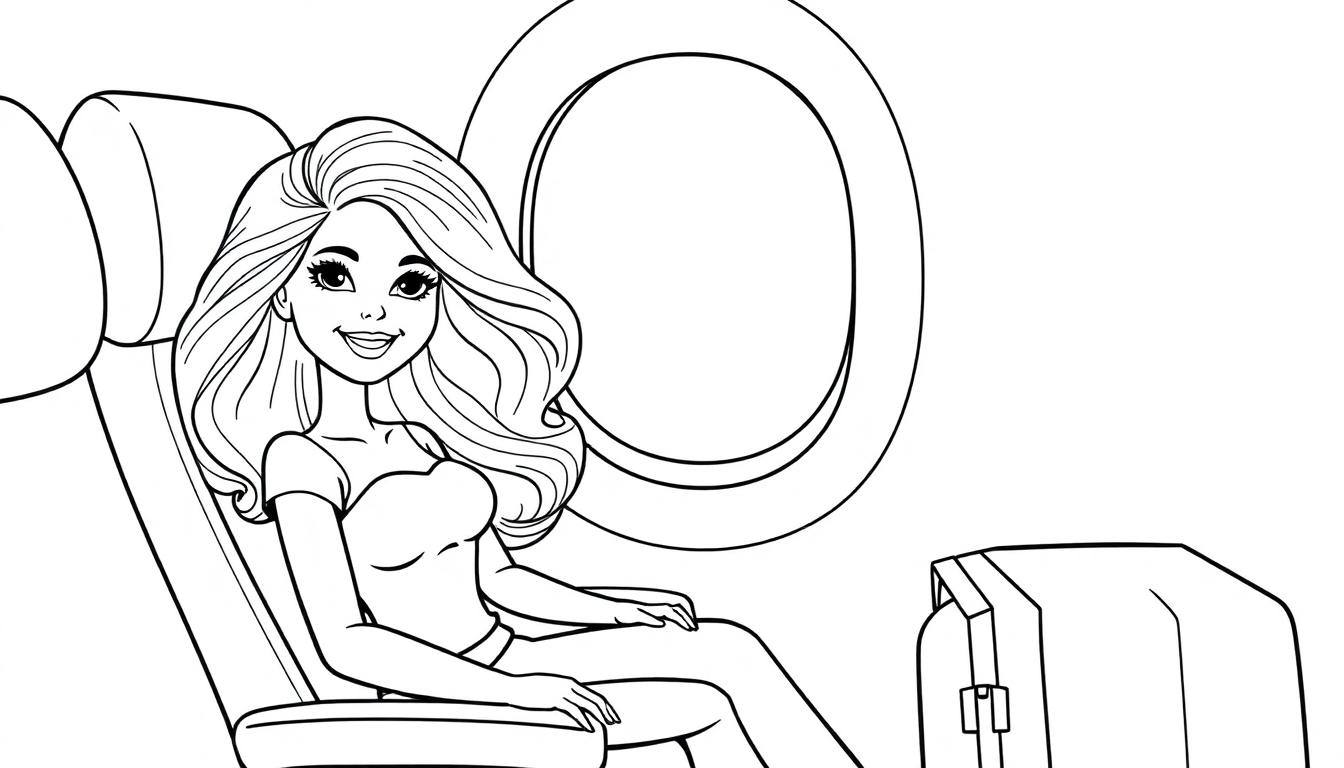 Kleurplaat van Barbie die in een vliegtuigstoel zit naast een raam met een glimlach en haar handbagage voor haar.