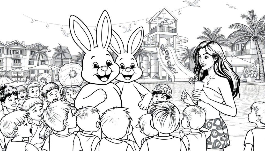 Kleurplaat van een zwembadscene met kinderen, mascottekonijnen, glijbaan en paarse palmbomen in een vrolijke vakantieomgeving.