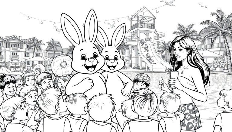 Kleurplaat van een zwembadscene met kinderen, mascottekonijnen, glijbaan en paarse palmbomen in een vrolijke vakantieomgeving.