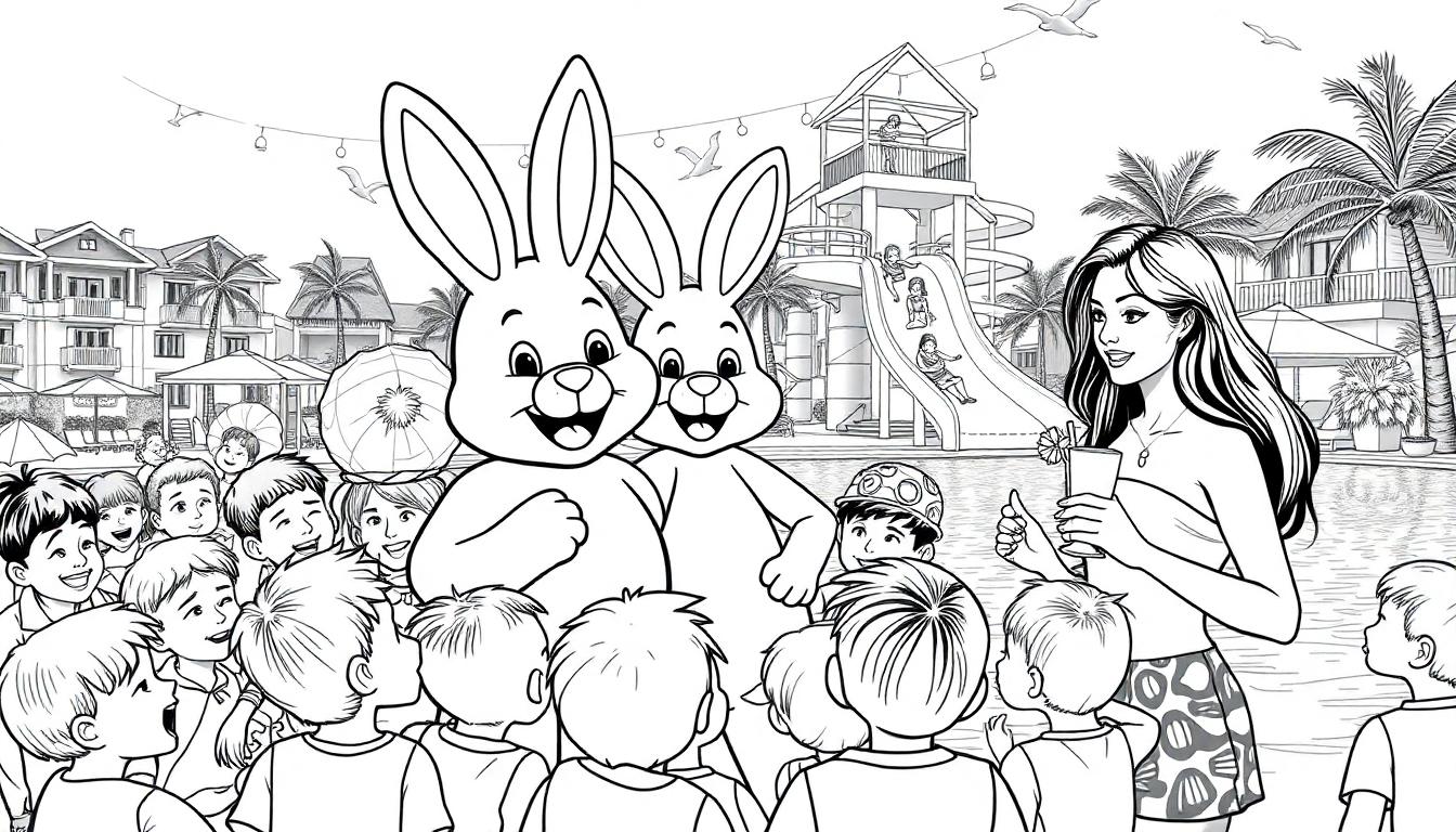 Kleurplaat van een zwembadscene met kinderen, mascottekonijnen, glijbaan en paarse palmbomen in een vrolijke vakantieomgeving.