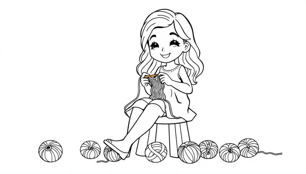 Kleurplaat van een meisje dat vrolijk op een krukje zit en breit, omringd door bollen wol.