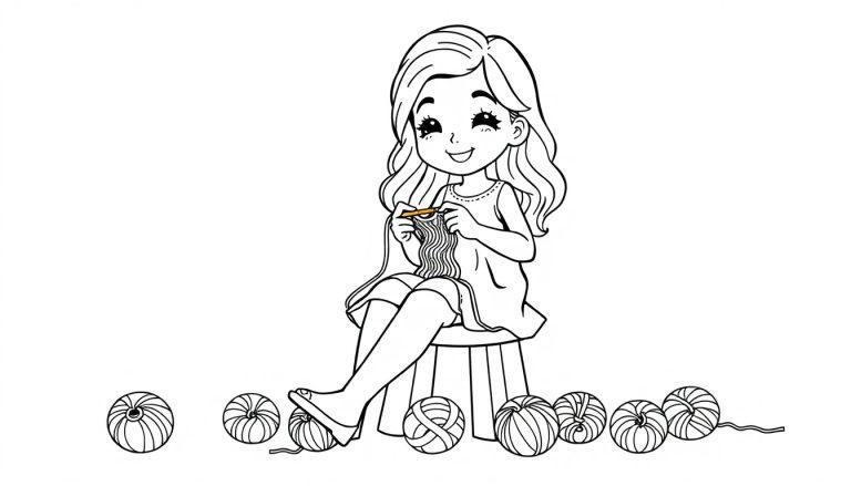 Kleurplaat van een meisje dat vrolijk op een krukje zit en breit, omringd door bollen wol.