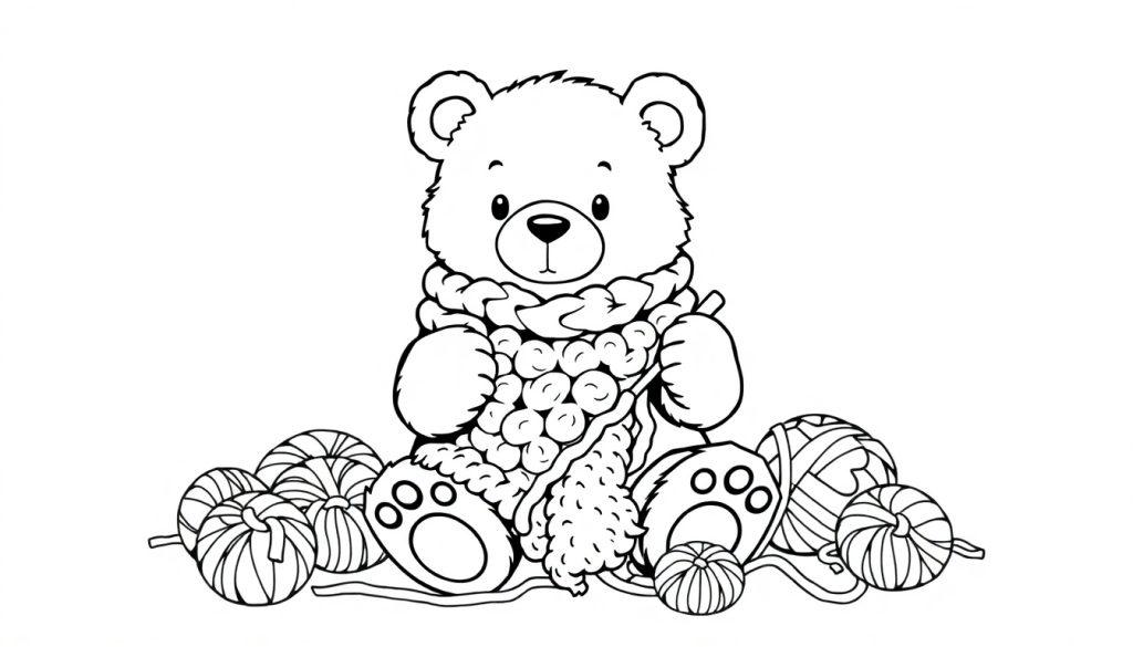 Kleurplaat: Een schattig beertje is aan het haken met wol, omringd door verschillende bollen wol.