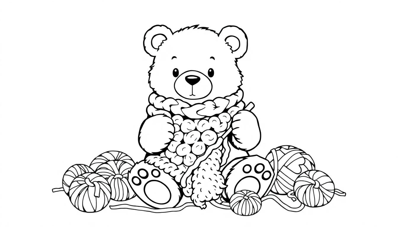 Kleurplaat: Een schattig beertje is aan het haken met wol, omringd door verschillende bollen wol.