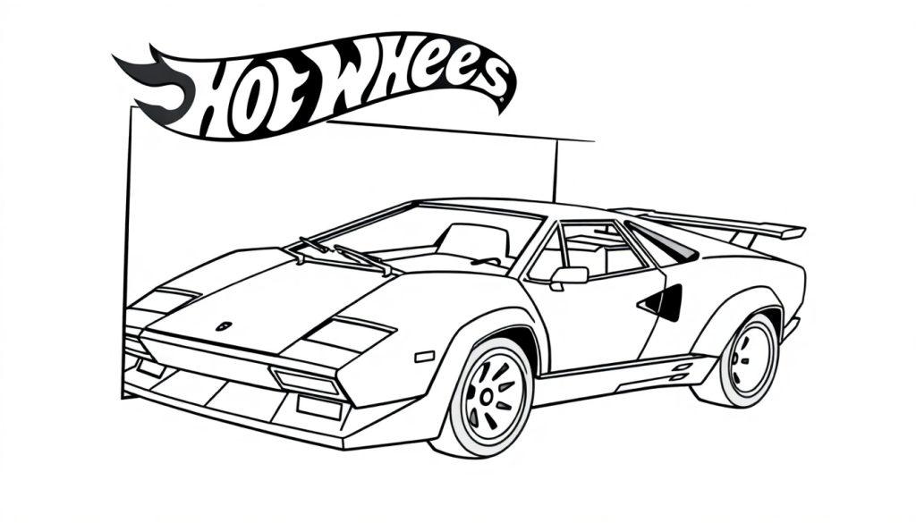 Een kleurplaat van een Lamborghini Countach in een Hot Wheels stijl met een brede spoiler en aerodynamisch design.