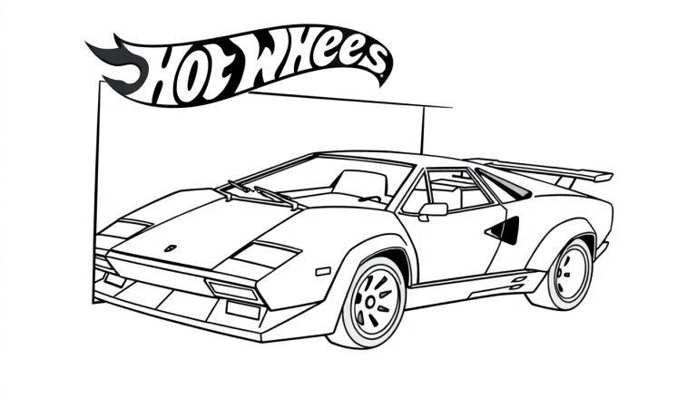 Een kleurplaat van een Lamborghini Countach in een Hot Wheels stijl met een brede spoiler en aerodynamisch design.