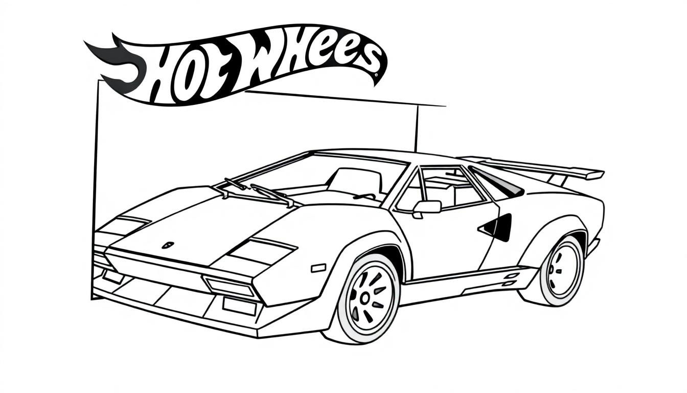 Een kleurplaat van een Lamborghini Countach in een Hot Wheels stijl met een brede spoiler en aerodynamisch design.