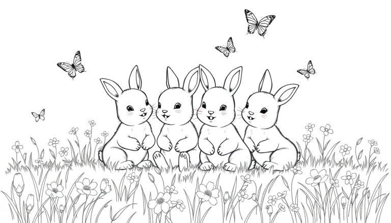 Zwart-witte kleurplaat van vier schattige baby konijntjes op een bloemenveld met vrolijke vlinders.