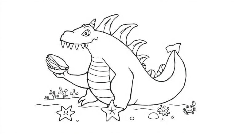 Kleurplaat van een grappige onderwaterdraak met een schelp in zijn hand, omringd door koraal, stenen en een vrolijke krab.